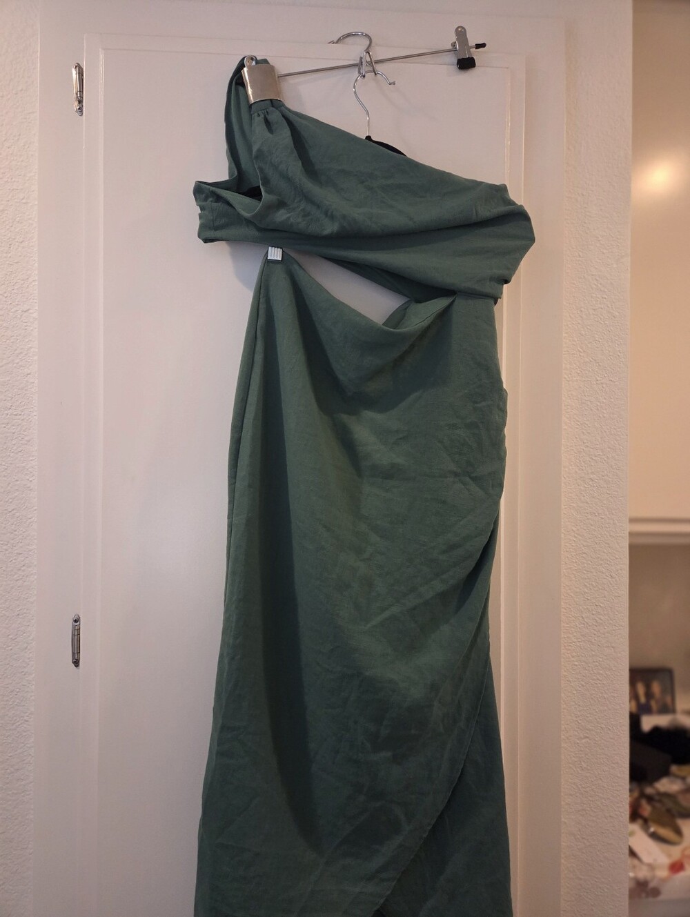 ZARA Green Draped Maxi Dress- Elegant Gold Gathering Brooch